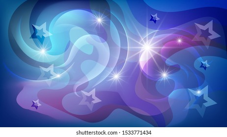 light flashes and translucent stars against a background of overlapping pink-blue abstract shapes with smooth wavy edges. abstract art wallpaper. vector image