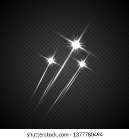 Light flashes vector illustration. Glowing, twinkling comets on transparent background. Sparkling explosion, glimmer, flare isolated cliparts set. White falling stars effect realistic design element