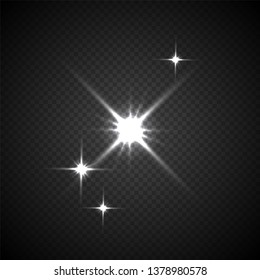 Light flashes vector illustration. Glowing, twinkling comets on transparent background. Sparkling explosion, glimmer, flare isolated cliparts set. White falling stars effect realistic design element