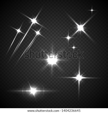 Light flashes vector illustration. Glowing, twinkling comets on transparent background. Sparkling explosion, glimmer, flare isolated cliparts set. White falling stars effect realistic design element