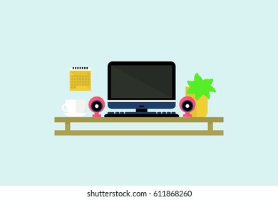 Light flat freelancer workspace template with desktop computer loudspeakers calendar coffee cup and cactus isolated vector illustration