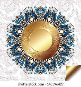 light floral background with gold circle pattern and circle lace ornament, round ornamental geometric doily pattern
