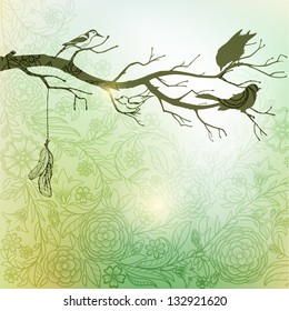 Light floral background with silhouette of branch with birds