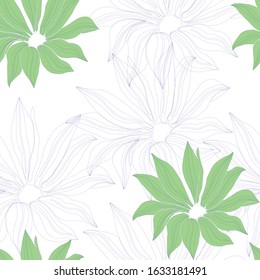 Light floral background for textile. Seamless vector pattern with green flowers on a white background.