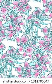 Light floral colored seamless pattern  with lily flowers drawn by hand in freehand east style on white background. Contemporary Home textile, wallpaper, fabric, package, wrapping paper.