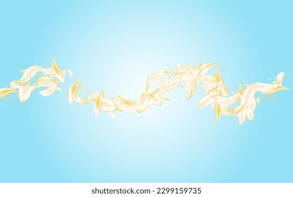 Light Floral Japanese Vector Blue Background. Gold Beauty Peach Poster. Delicate Blossom Blur Backdrop. Beige Flower Japan Pattern. Fall Petal Banner.