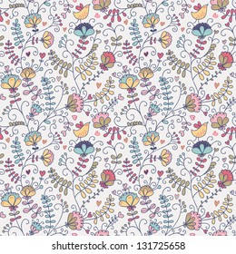 Light floral seamless pattern. Birds in vintage flowers.  Can be used for design, wallpapers and invitations