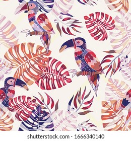 Light floral seamless pattern with birds and plants. Summer tropical wallpaper. Nature wallpaper. Vector clipart. design for textile, fabric, wallpaper, wrapping paper, background, backdrop