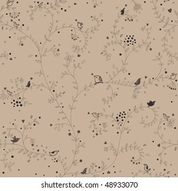 Light floral seamless pattern with birds in retro colors