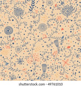 Light floral seamless pattern with birds