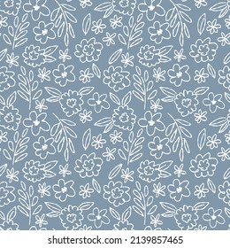 Light floral seamless pattern with doodle style plants. White flowers on a blue background texture for fashionable summer fabric, home textiles, wrapping paper. Vector illustration.