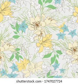 Light floral seamless pattern for fabric. Drawn spring flowers on a white background. Vector endless teutra for dresses, bedding and curtains.