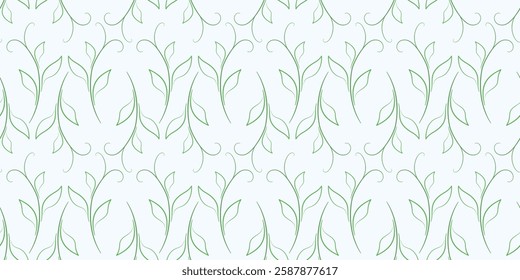 Light floral seamless pattern. Green leaves silhouettes on gray background. Natural delicate colors vintage background. Young curved shoots with leaves.