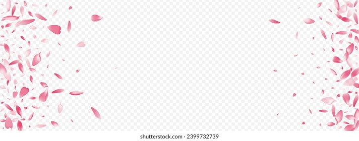 Light Floral Vector Panoramic Transparent Background. Sakura Romantic Template. Blossom Valentine Backdrop. Heart Flutter Illustration. Purple Blooming Invitation Pattern.