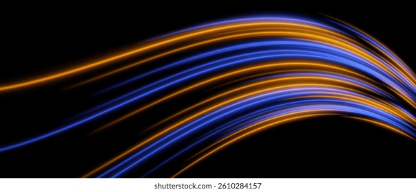 Light flow. Blue and orange lines form wide dynamic path. Glowing arcs with soft gradient and smooth energy.
