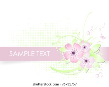 Light flower background with banner - pink and green floral greeting card design - vector illustration, eps10