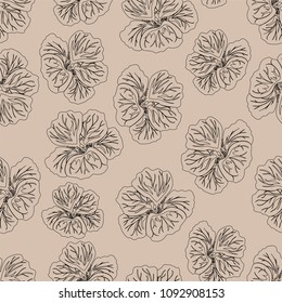 Light beige Hibiscus flower print. Gorgeous nasturtium. Vintage Floral Pattern. Seamless background. Fashion Texture. Line drawing. Vector botanical illustration for fabric, wrapping and other design 