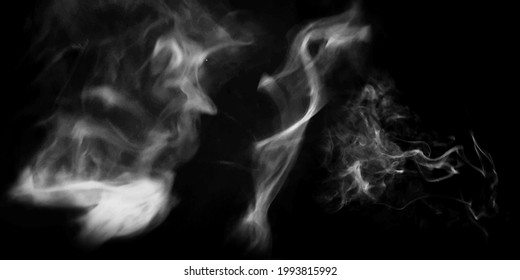 Light flowing smoke isolated on black background. Clouds on dark backdrop. Exploding white powder. Wide realistic vector illustration