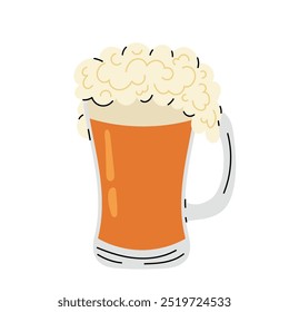 A light foamy beer in a glass pint glass. Oktoberfest. Cold beer icon in flat style on white background.