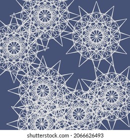 Light Folk Ice Complicated Winter Dark Cold Mandala Background. Calm Silver Ornamental Frost Print Grey Vintage Mystery Wallpaper. Chaotic Luxury Stars Lace White Blue Indigo Pastel Ornament.
