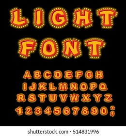 Light font. Retro Alphabet with lamps. Glowing letters. ABC pointer with shine bulb. Vintage Glittering lights lettering