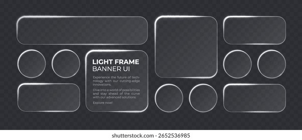 Banner de quadro de luz ser, painel de vidro definido para aplicativo móvel e web, quadro de placa técnica em estilo futurista. Interface de elemento HUD, ilustração de vetor. Coleção de banner png claro com efeito de brilho.