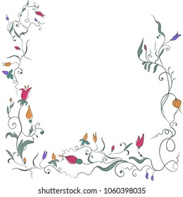 Light frame of flowers. Template for postcards. Vector image. Design. Bright colors. Contrasting background. Line drawing. Curls and wavy lines. Simple stylization. Abstract pattern.