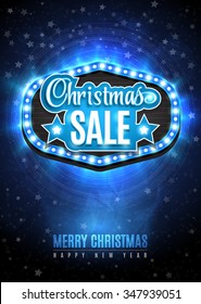 Light frame with glowing lights, garlands of blue and yellow with the words Christmas Sale. Blue Snow background with light rays and stars. Background on sale, discounts, promotions in the winter. 