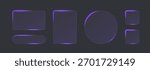 Light frame liquid glass button set for mobile and web app, tech board frame in futuristic style. Purple HUD interface, vector illustration. Light glass png banner collection with glow effect.
