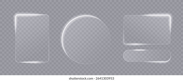Light frame liquid glass, glass panel set for mobile and web app, tech board frame in futuristic style. HUD element interface, vector illustration. Light glass png banner collection with glow effect.