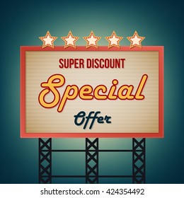 Light frame, retro billboard. Sale and discount, business banner, vector illustration. 