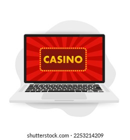 Cartel retro con marco claro y decoración. Estilo de época del casino. Marco retro con bombilla. Bombillas para el casino. Cartel del casino. En una laptop. Casino en línea. Ilustración del vector