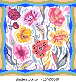 Light framed scarf. Print with leaves and flowers. Summer textile collection. Template for bandanas and other textile designs.