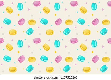 Light french macarons seamless and editable pattern with pastel colors. Blue yellow and pink macaroons are surrounded by geometric objects.