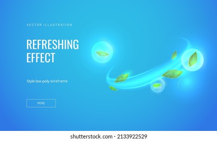 Light fresh effect on blue background. Element for fresheners, cleaners, giving menthol aroma. Air flow from mint leaves. Vector illustration