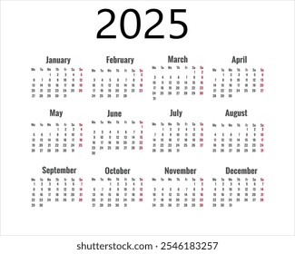 Plantilla de calendario Horizontal ligero de año completo para el año 2025 con un marcador de posición de foto
