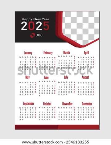 Light full year horizontal calendar template for the year 2025  with a photo placeholder