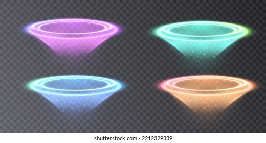 Efecto embudo ligero. Un brillante patrón giratorio de anillos y polvo de estrellas brilla sobre un fondo transparente.
