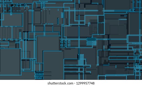  Light futuristic concept, digital light and dark blue. Abstract technology contour objects. Vector modern background