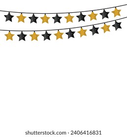 Light garland with black and gold stars, Cute fairy lights, cartoon flat vector illustration, Garland with light bulbs on string, Party holiday decoration, bright light garlands.