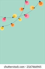Light garland in a flat style on a light background. Pattern with colored lanterns. Colorful vector art design.