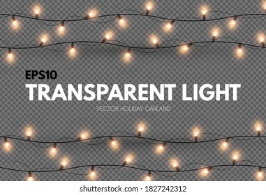 Light garland on transparent background. Shining Christmas lights.