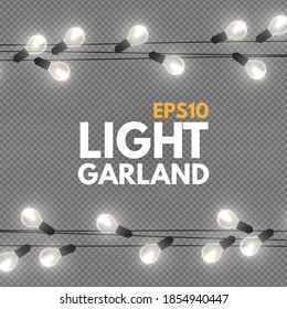 Light garland on transparent background. Shining Christmas lights.