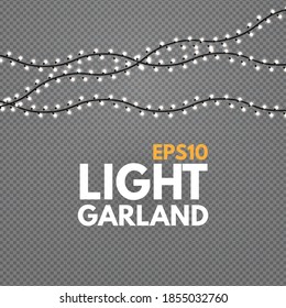 Light garland on transparent background. Shining Christmas lights.
