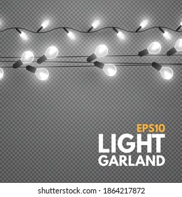 Light garland on transparent background. Shining Christmas lights.