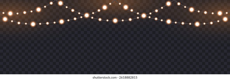 Light garland on transparent background. Gold lights on wire bg, design element for flyer, poster, new year card theme. Christmas decoration png banner, vector illustration.