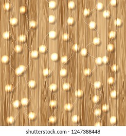 Light garland on wood background. Vector illustration for design 