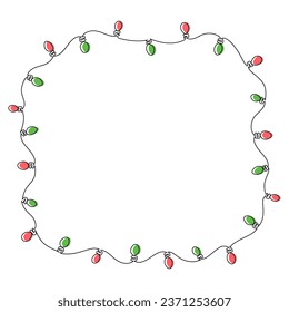 Light garland single line frame. Christmas and New Year background with festoon holiday decorations drawing. Vector illustration isolated on white.