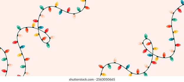 Light garland vector illustration. Frame of twisted light color bulbs on string. Copy space at the centre. Cute fairy holiday decoration. Festive decor design.