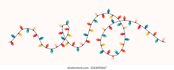 Light garland vector illustration. Seamless border of twisted light color bulbs on string. Cute fairy holiday decoration. Festive decor design.